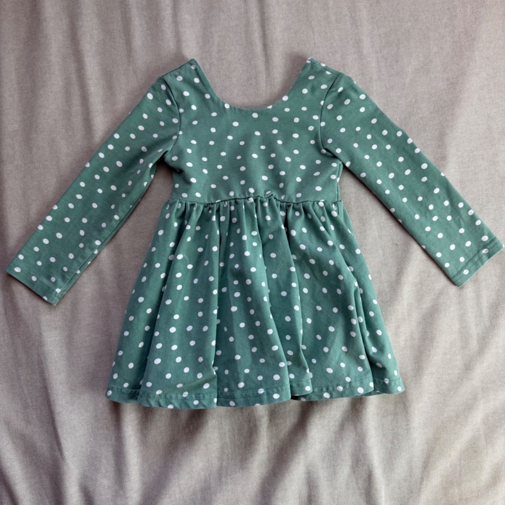 Ollie Jay Girls Sage Green Polka Dot Long Sleeve Twirl Dress with Pockets 12/18M